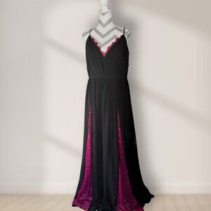 NWOT Size 14 - Haley Paige Occasions - Black Chiffon Gown with Red Lace Trim